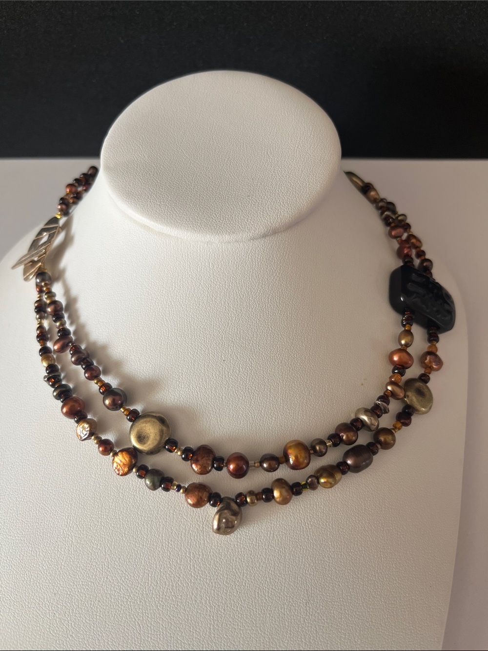 Layered Brown Pearl and Metallic Bead Necklace